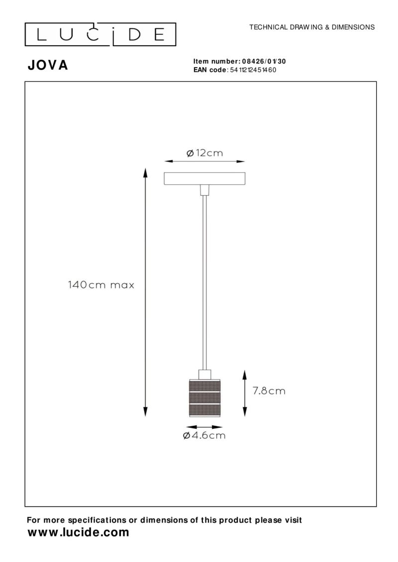 Lucide JOVA - Závesné svietidlo - Ø 12 cm - 1xE27 - Čierna